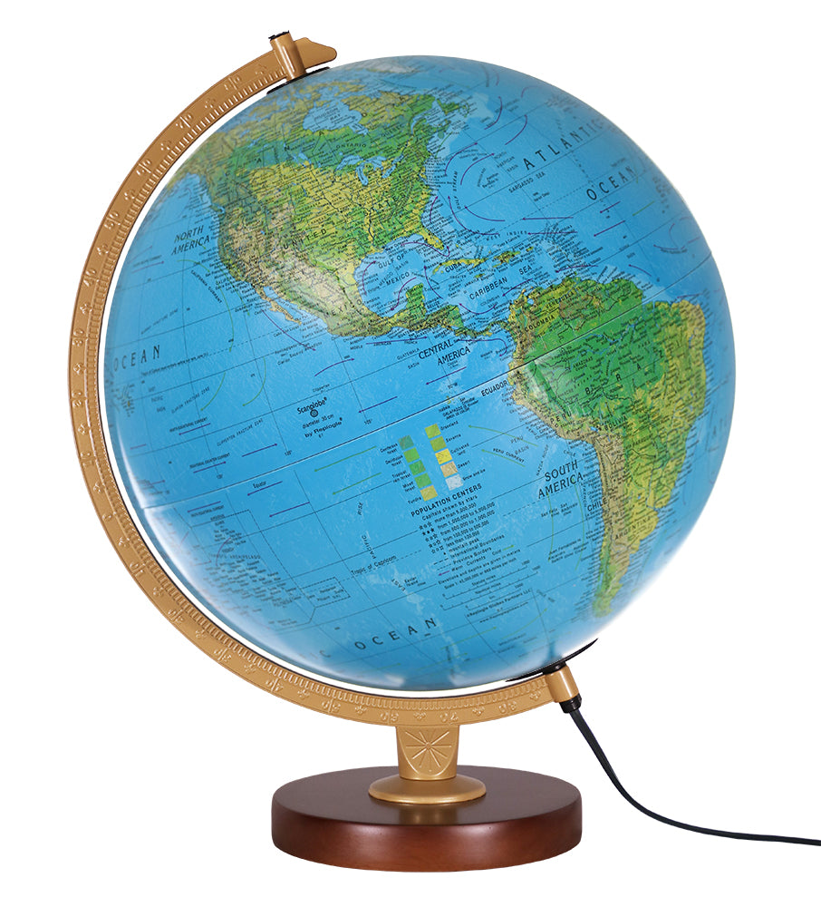 Livingston Light-Up Globe showing a blue ocean political world map with a walnut finish base and semi meridian stand.