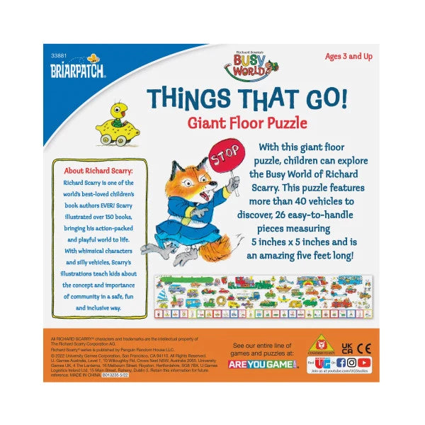 26pc Things That Go Puzzle features 26 large pieces showcasing over 40 vehicles from the Busy World of Richard Scarry.