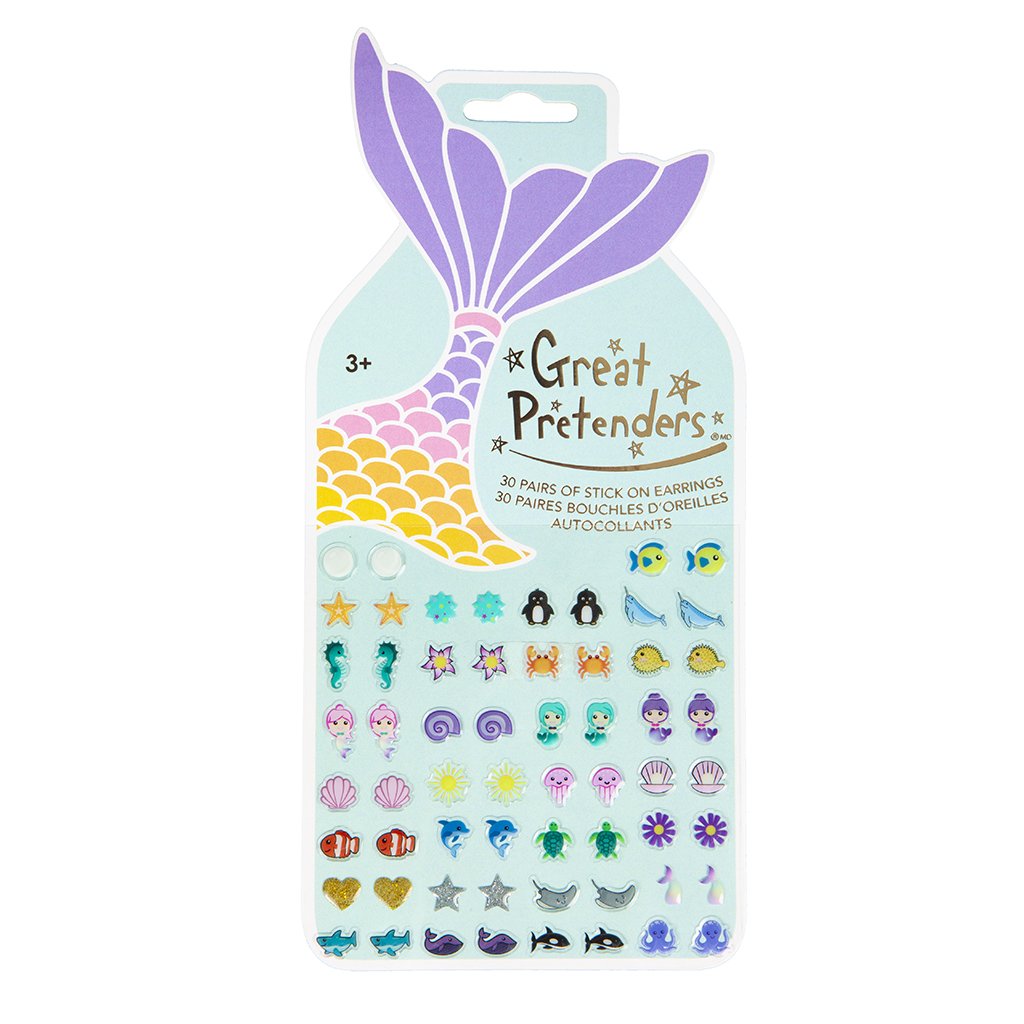 Stick On Earrings | Mermaid with 30 pairs of fun mermaid and sea life designs for a pierced look without piercing. Ages 3+