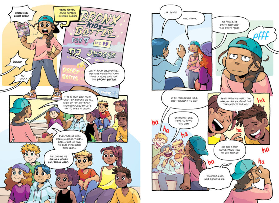 Freestyle book panels showing Bronx kids preparing for a dance battle, friends interacting, and practicing for competition.
