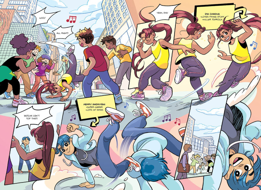 Freestyle book illustration shows diverse kids dancing and breakdancing outside in a lively cityscape setting.