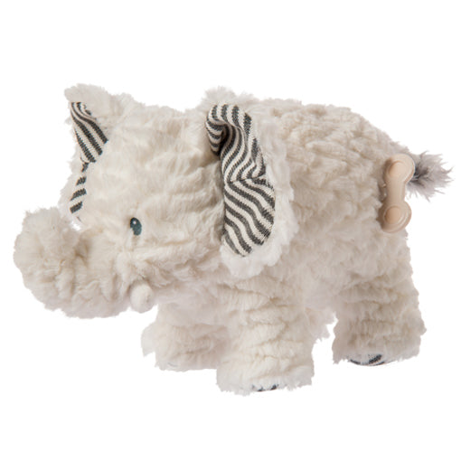 Afrique Elephant Musical plush toy with textured fur, striped ears, embroidered eyes, and a wind-up music feature.