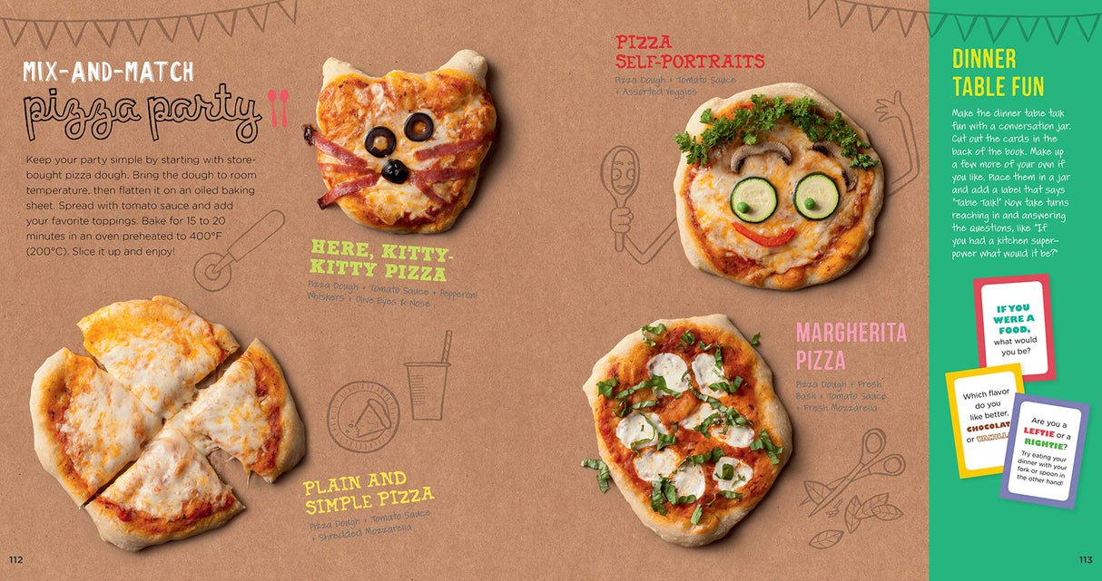Cooking Class showing creative kid-friendly pizzas including kitty, margherita, and self-portrait designs for children ages 6 to 12.