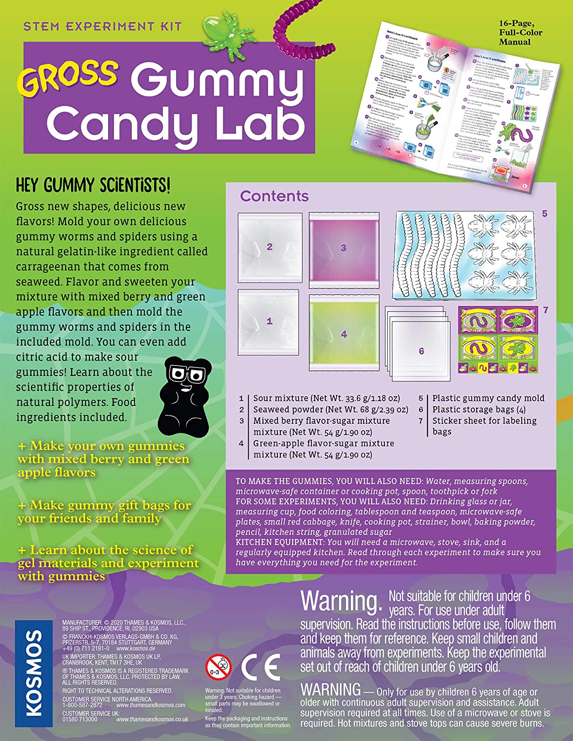 Gross Gummy Candy Lab STEM kit with molds for gummy worms and spiders, natural seaweed ingredient, and flavoring experiments.