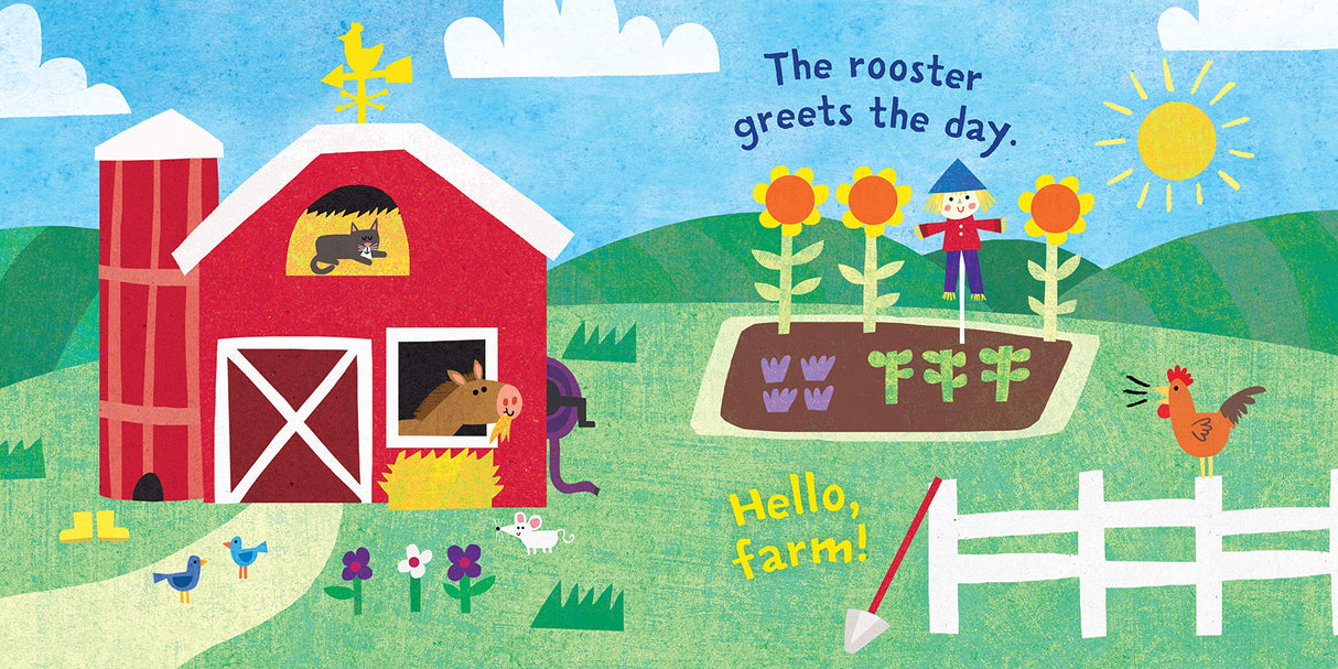 Illustration of a red barn, farm animals, and garden with sun in "Indestructibles: Hello, Farm!" baby book.