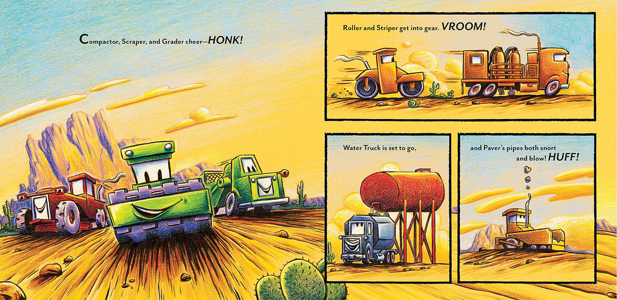 Construction Site: Road Crew Coming Through! shows animated road-building machines working together on a new highway.