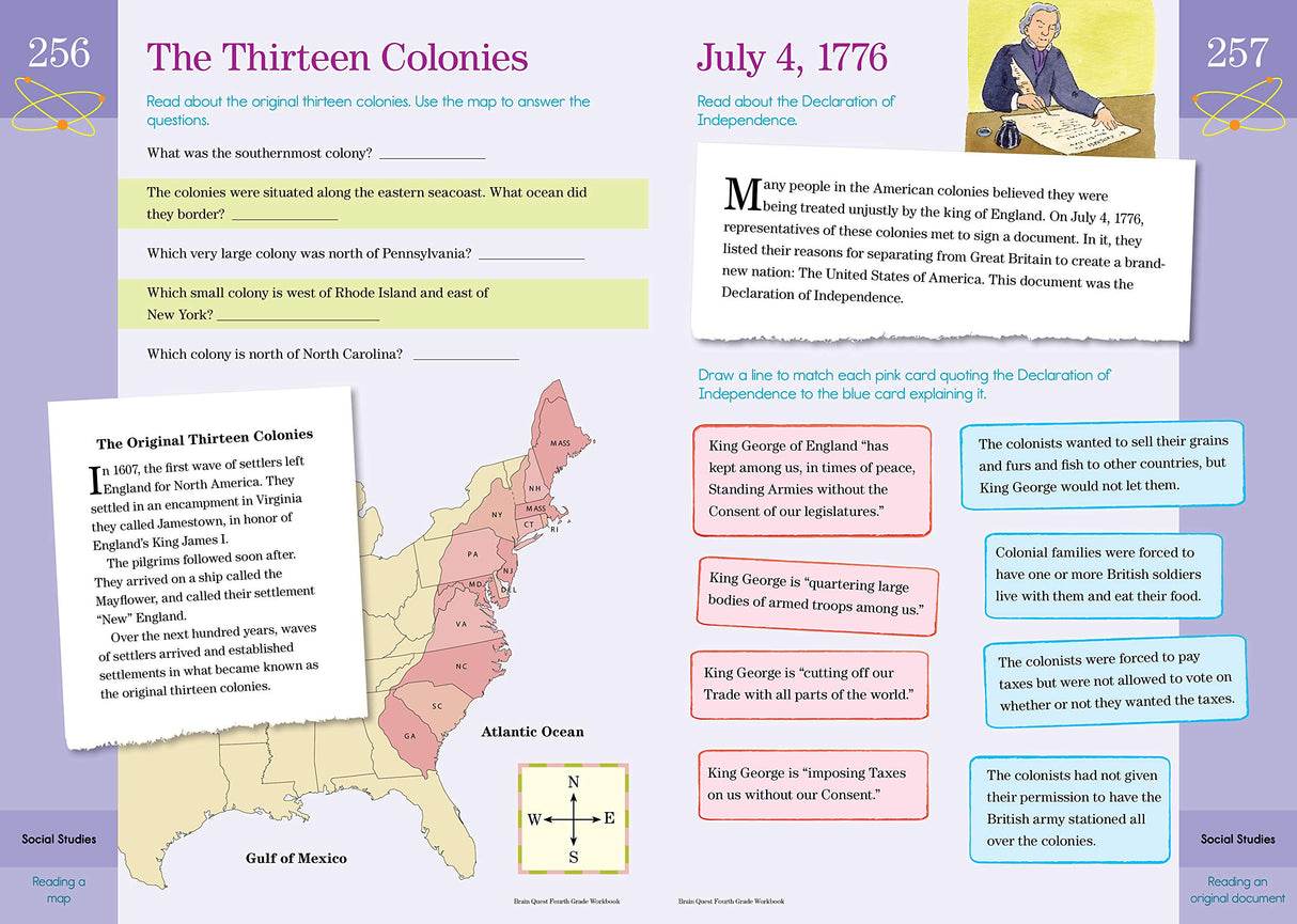 Brain Quest Workbook Grade 4 open to a colorful social studies lesson about the Thirteen Colonies with maps and quiz questions