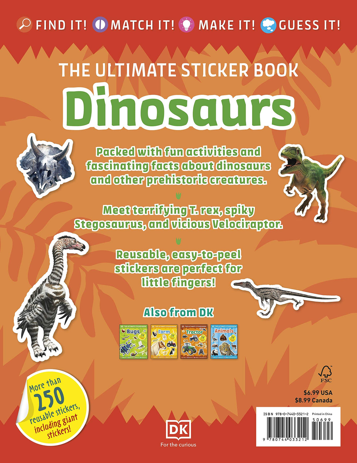 Ultimate Sticker Book Dinosaurs with reusable stickers and fun activities about T. rex, Stegosaurus, and Velociraptor.