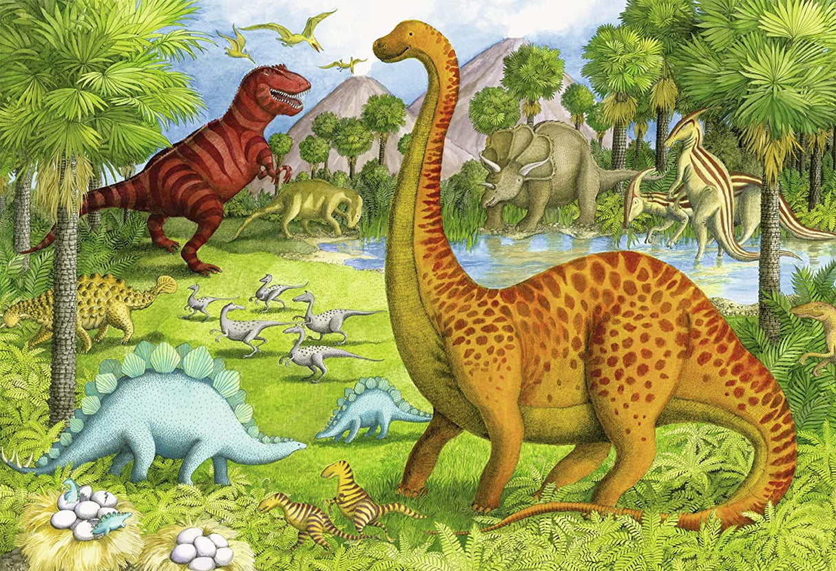 24pc Dinosaur Pals Floor Puzzle featuring colorful dinosaurs in a lush prehistoric landscape, perfect for kids ages 3 and up.