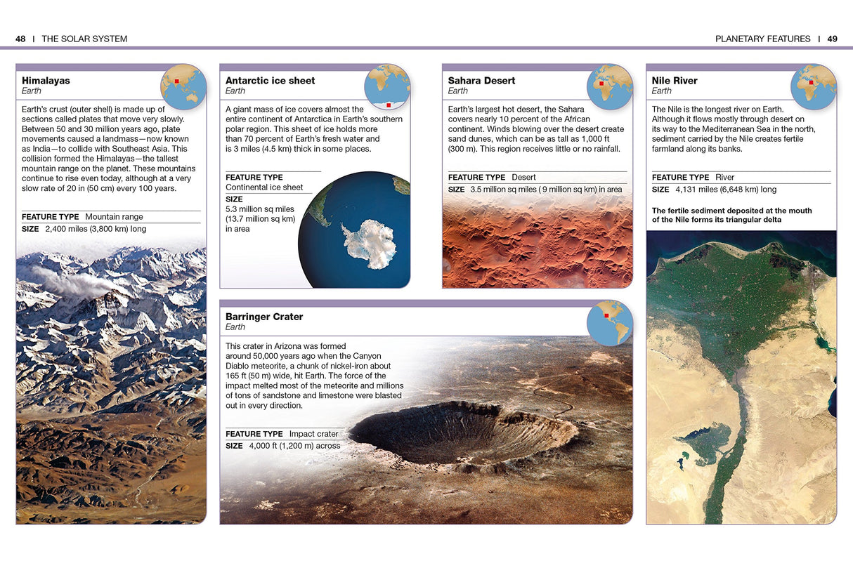 Pocket Genius Space showing detailed images and facts about Earth's Himalayas, Antarctic ice sheet, Sahara desert, Nile River, and Barringer Crater.