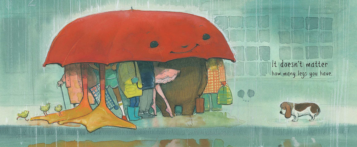 Illustration from The Big Umbrella showing diverse characters sharing shelter beneath a large red umbrella in the rain.