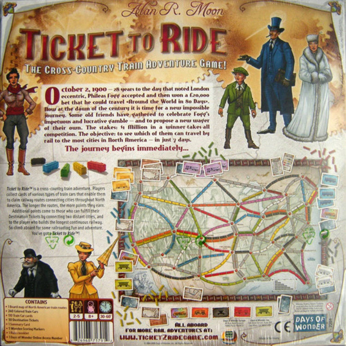 Ticket to Ride board game showing North America map, train cards, colored train cars, and player tokens for a cross-country adventure.