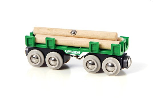 Lumber Loading Car with eight wheels carrying wooden logs on railway track, perfect for ages 3 and up.