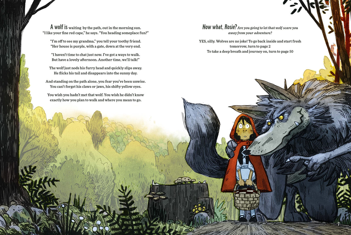 Endlessly Ever After shows a choose-your-path scene with a girl in red and a wolf in a whimsical fairy tale forest.