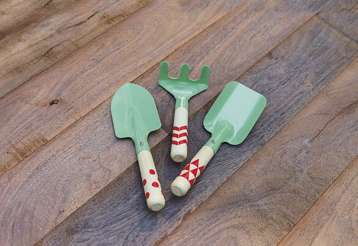Garden Tools Set with trowel, rake, and shovel featuring metal heads and decorated wooden handles for kids.