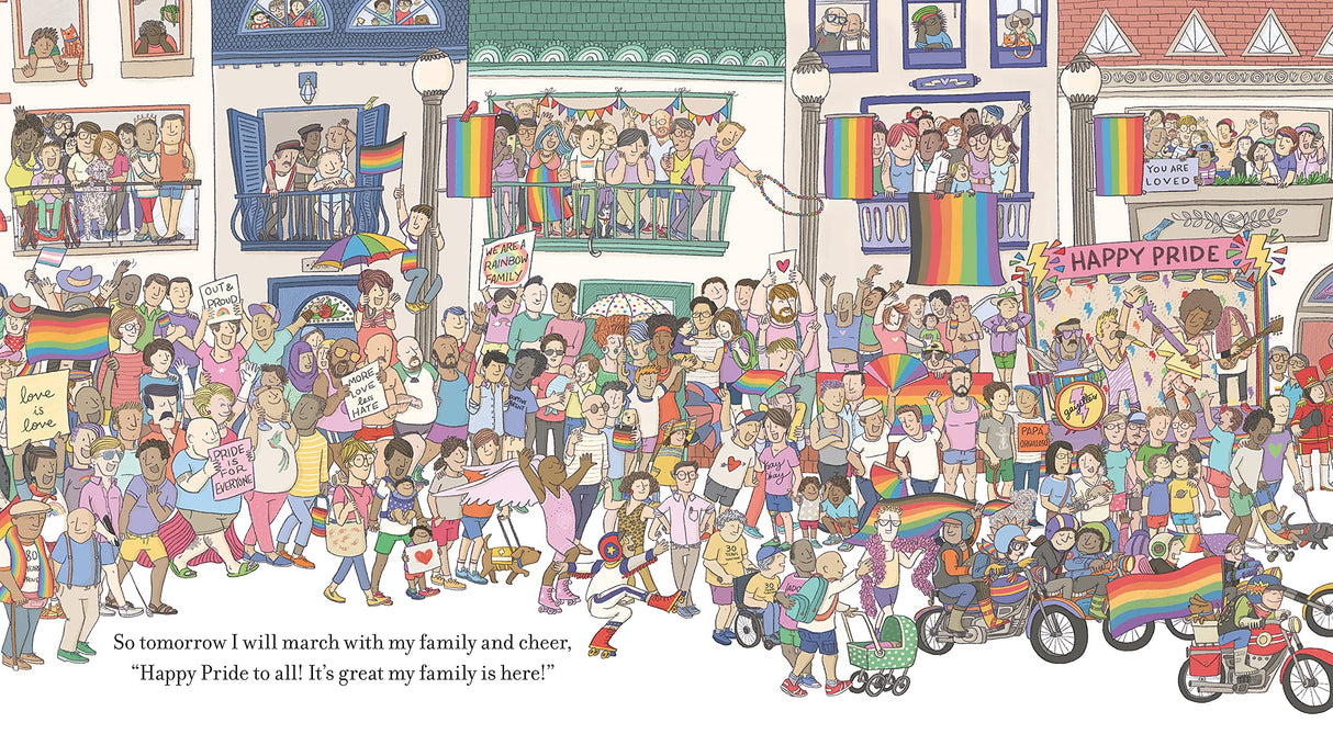 Illustration from Twas the Night Before Pride showing a diverse crowd celebrating Pride with flags and signs in a festive parade.