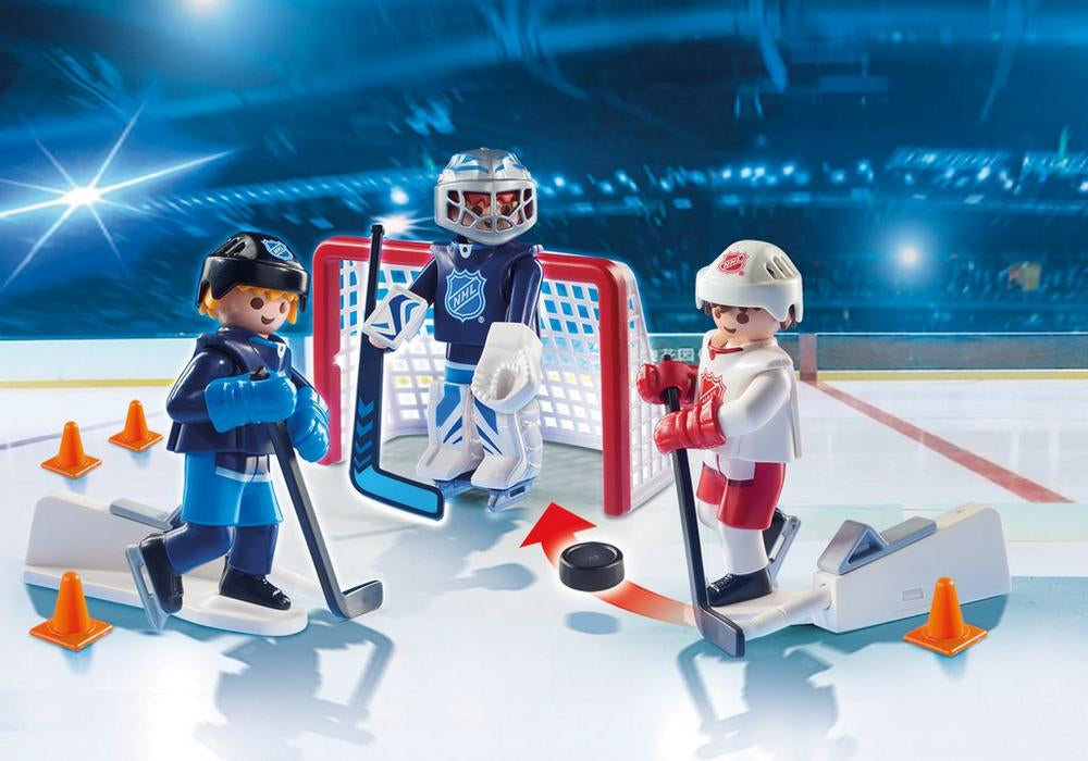 NHL Shootout Carry Case with two players, goalie, net, puck, and accessories for imaginative hockey play.