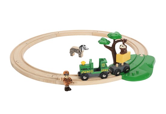 Safari Railway Set with wooden train track, engine, ranger figure, zebra, and monkey on the savannah scene.