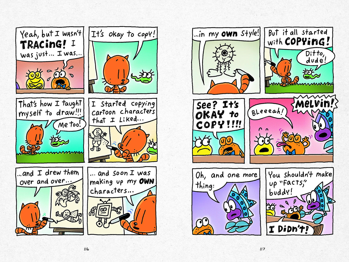 Cat Kid Comic Club #1 pages showing characters learning to copy and create original comic art in a fun, colorful style.