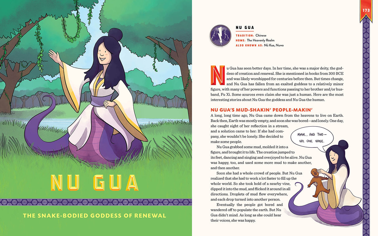 Gods and Heroes: Mythology Around the World book spread featuring Nu Gua, the snake-bodied goddess of renewal.