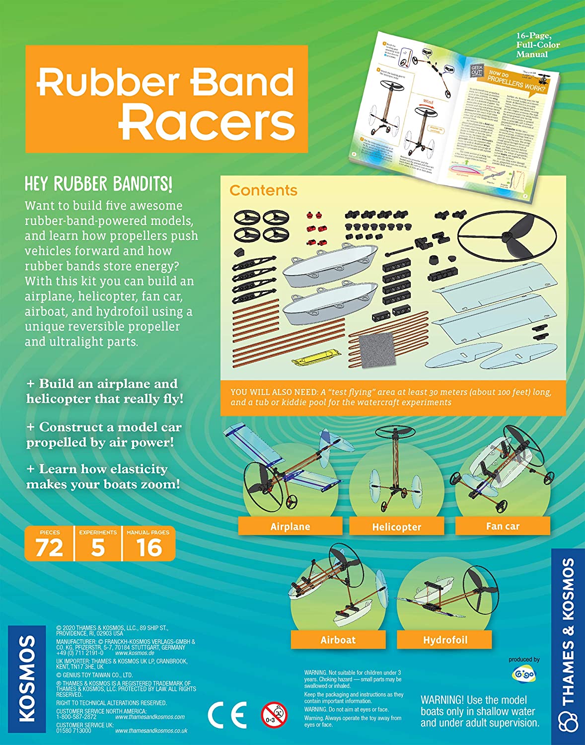 Rubberband Racers kit showing parts and manuals to build five rubber band powered models including airplane and helicopter.