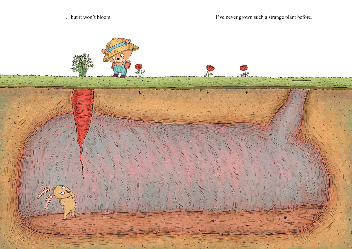 Upside Down shows a curious teddy bear and a hidden underground rabbit beside a strange plant.