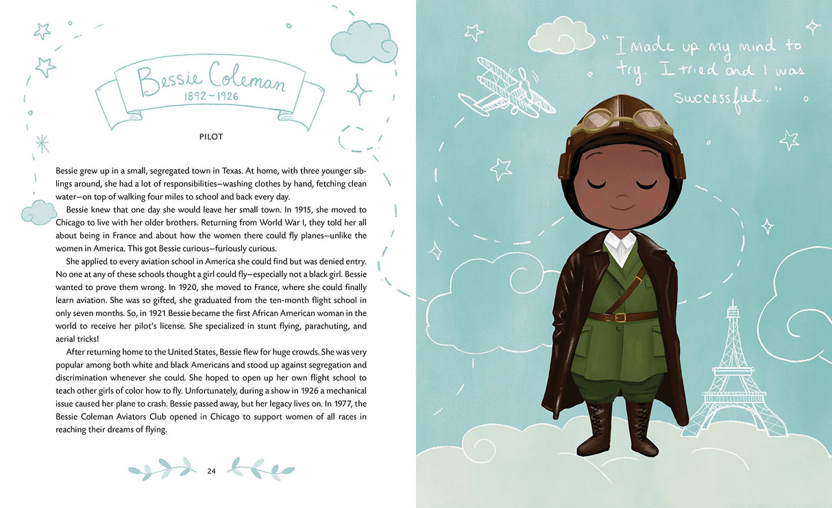 Little Leaders Bold Women in Black History book featuring pilot Bessie Coleman with illustrated biography and inspirational quote.