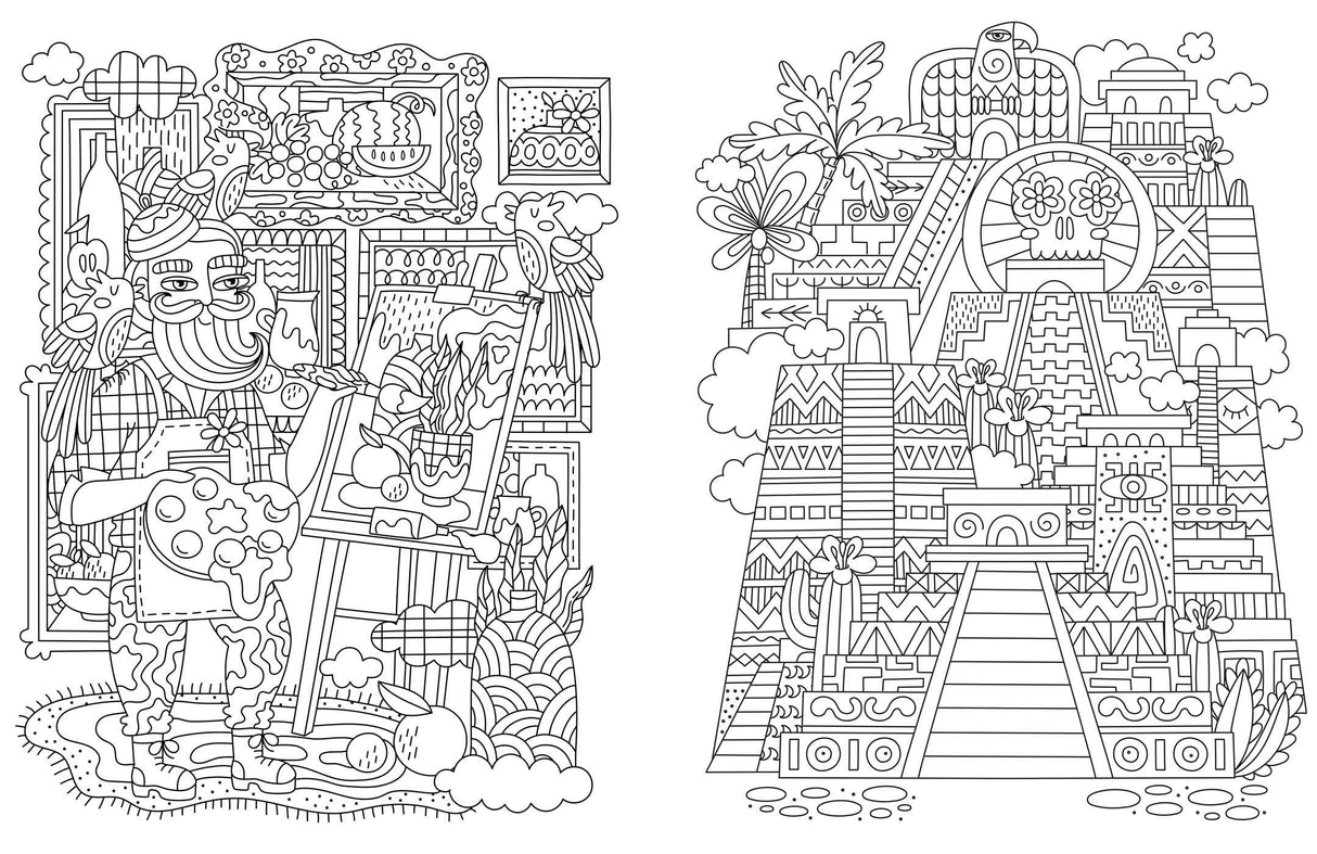 Dream Coloring For Kids featuring detailed artistic scenes of a painter and an ancient temple for mindful coloring and creativity.