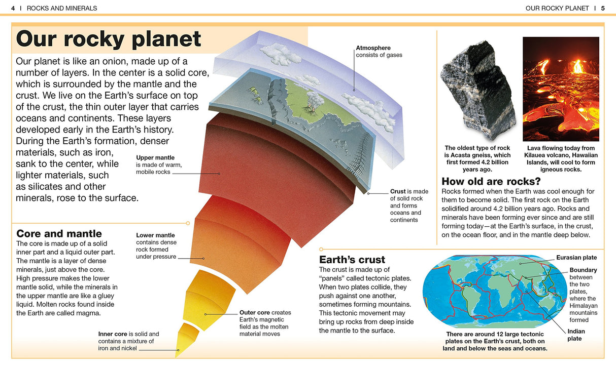 Pocket Genius Rocks & Minerals showing Earth's layered structure and examples of rocks like igneous and flow lava.