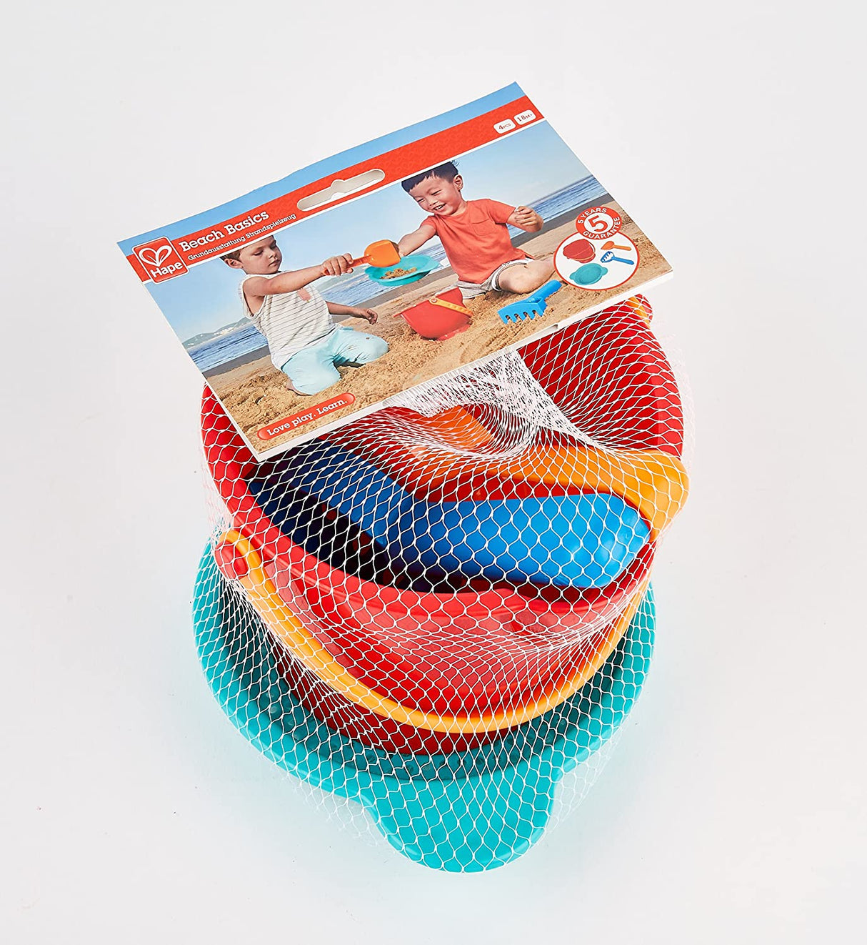 Beach Basics 4pc Set with colorful bucket, shovel, sieve, and rake for fun and creative beach play.