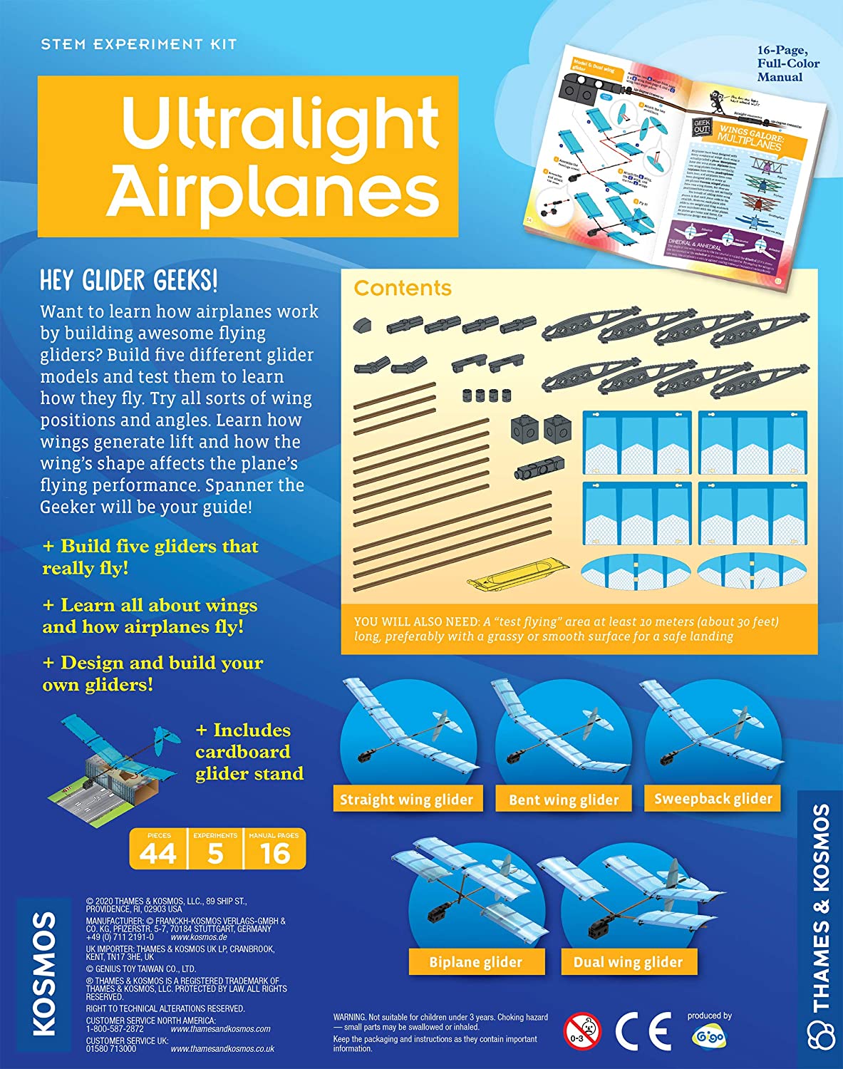 Ultralight Airplanes kit showing parts and manual to build five flying gliders for ages 8+ with wing configurations.