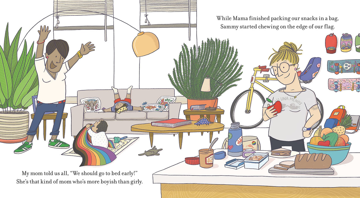 Twas the Night Before Pride" illustration shows a family preparing snacks and packing for Pride celebration at home.