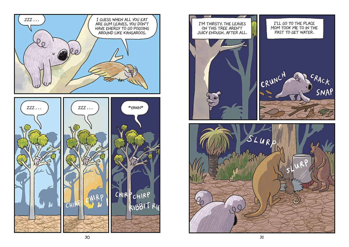 Surviving the Wild: Rainbow the Koala comic pages showing Rainbow searching for water and shelter in the bush.