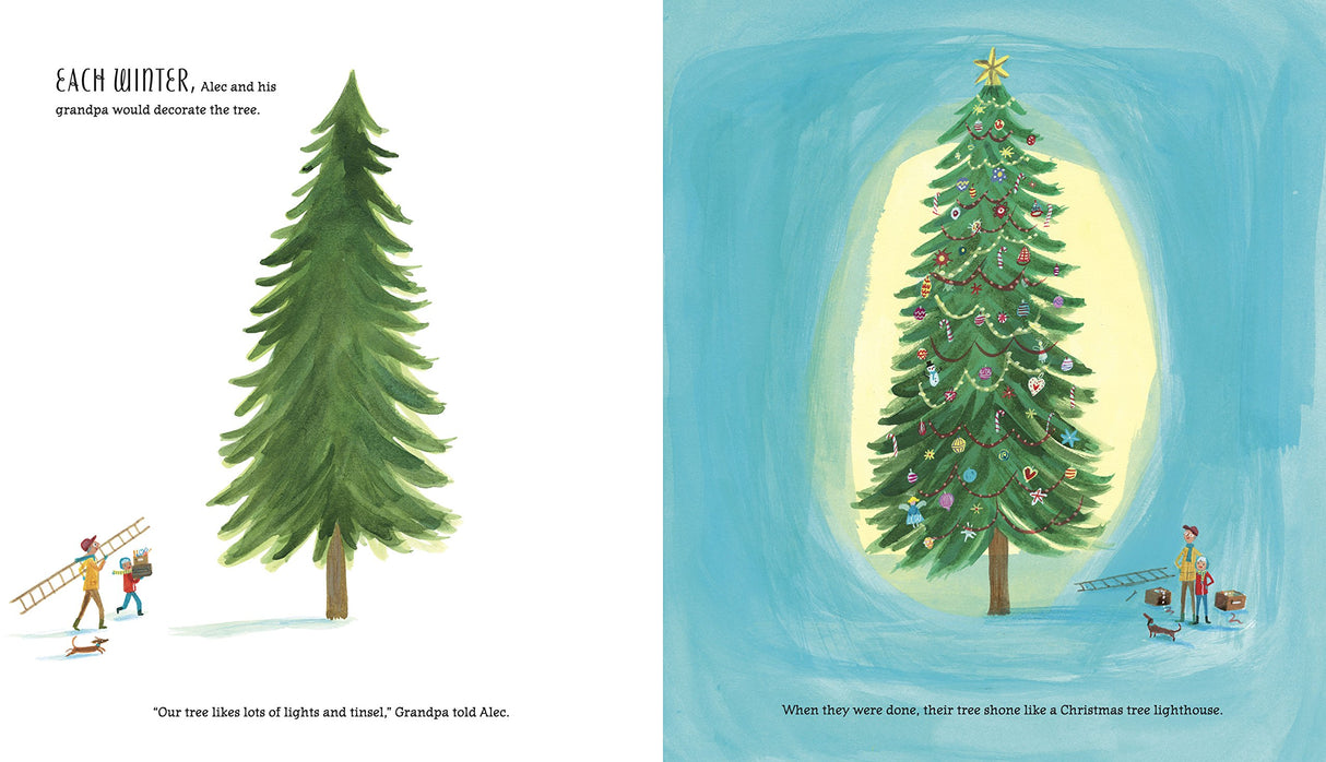 The Great Spruce showing Alec and grandpa decorating a tall Christmas tree with lights and ornaments.