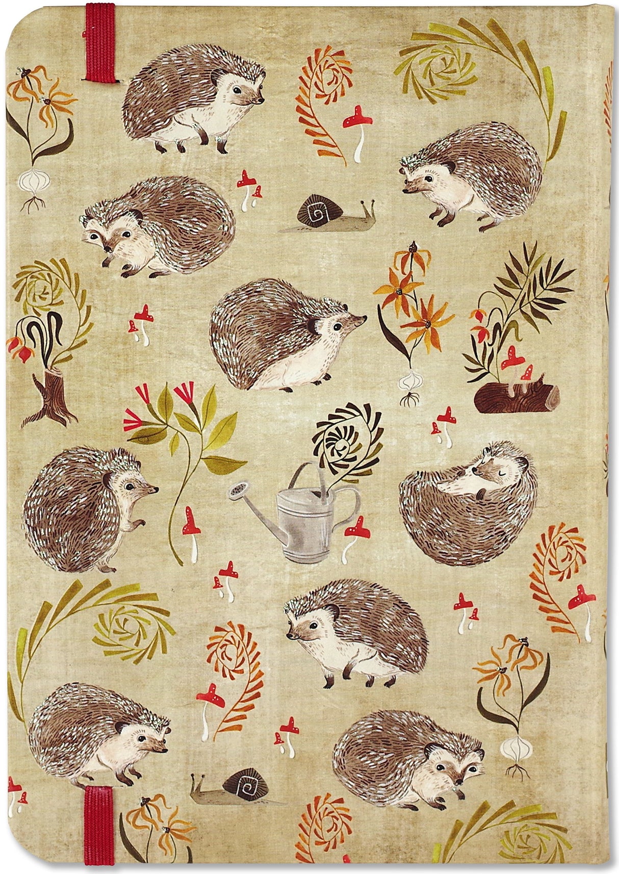 Hedgehogs Journal cover with woodland motifs including hedgehogs, snails, mushrooms, and a red elastic band closure.