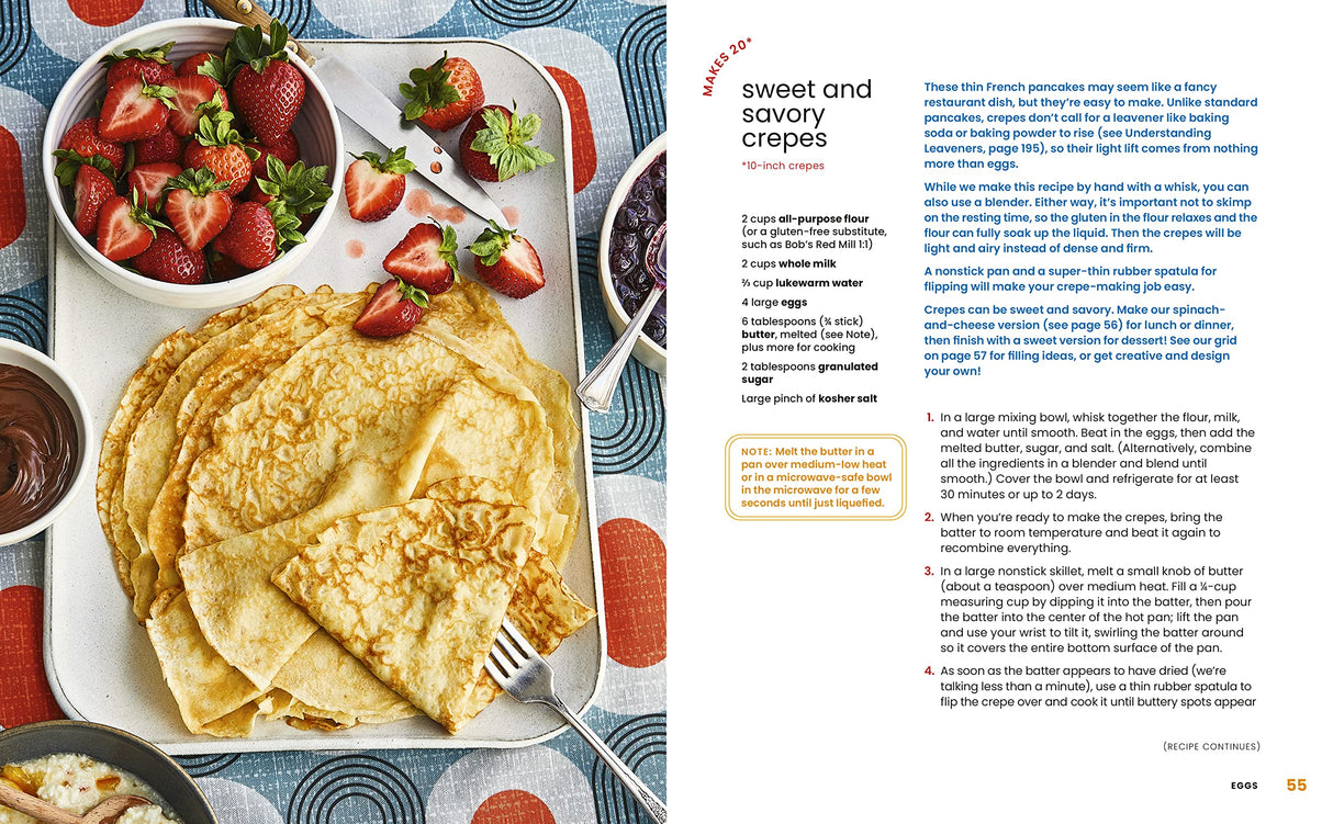 Dynamite Kids Cooking School cookbook showing sweet and savory crepes recipe with fresh strawberries on a plate.