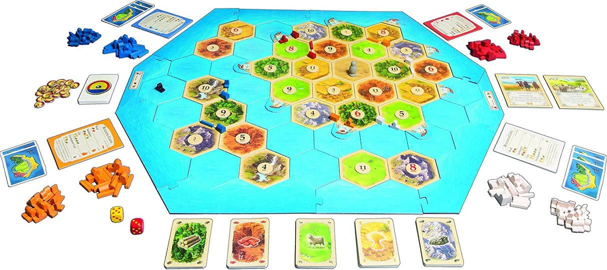 Catan Seafarers 5th Edition board game setup with island tiles, sea, ships, resources, and player pieces arranged for gameplay.
