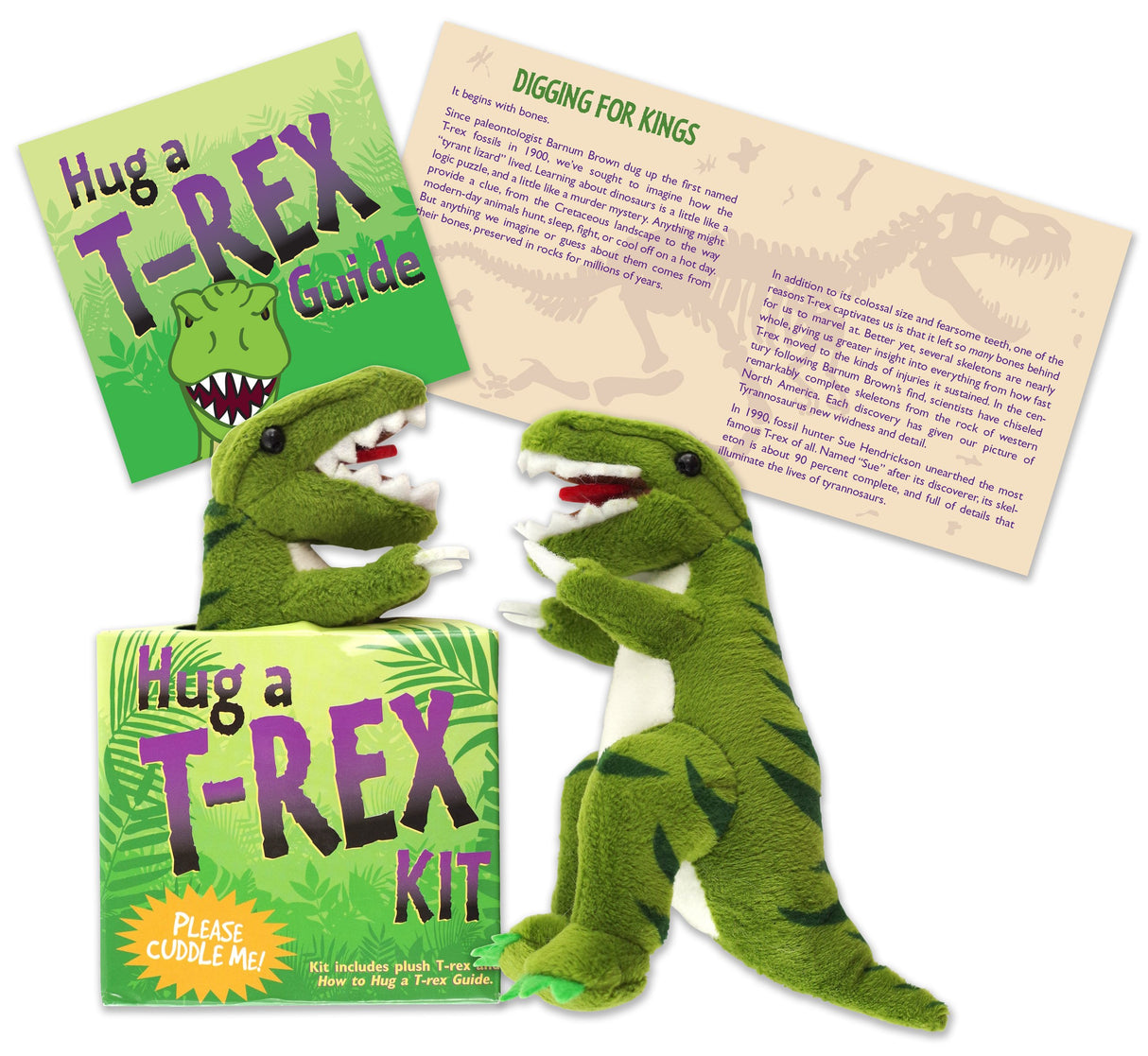 Hug a T-Rex Kit with plush Tyrannosaur, instruction booklet, and colorful packaging for prehistoric fun.