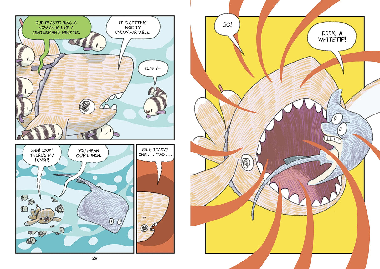 Surviving the Wild: Sunny the Shark comic panel shows oceanic whitetip shark struggling with plastic ring on fin.