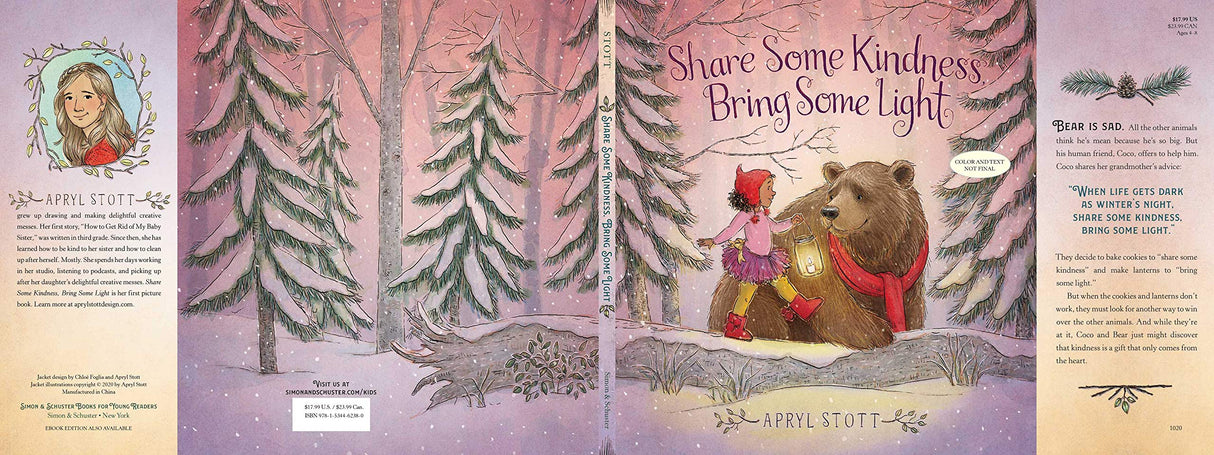 Share Some Kindness Bring Some Light book cover with Coco and Bear in a snowy forest holding a lantern, spreading warmth.