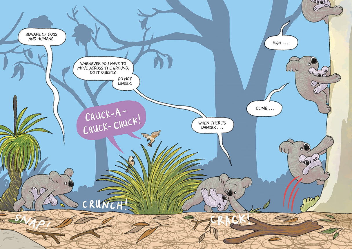 Surviving the Wild: Rainbow the Koala comic page with Rainbow avoiding danger and climbing trees in the wilderness.