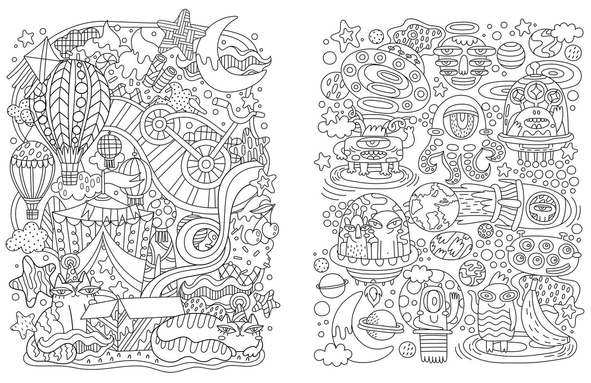 Dream Coloring For Kids shows two detailed black and white whimsical scenes for coloring and creativity.