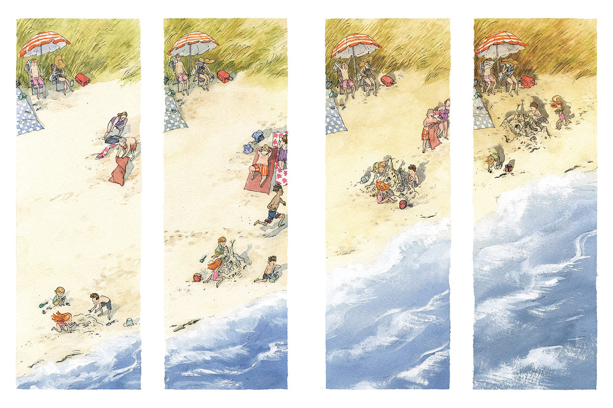A Day for Sandcastles shows a sunlit beach scene with siblings building and rebuilding sandcastles by the ocean.