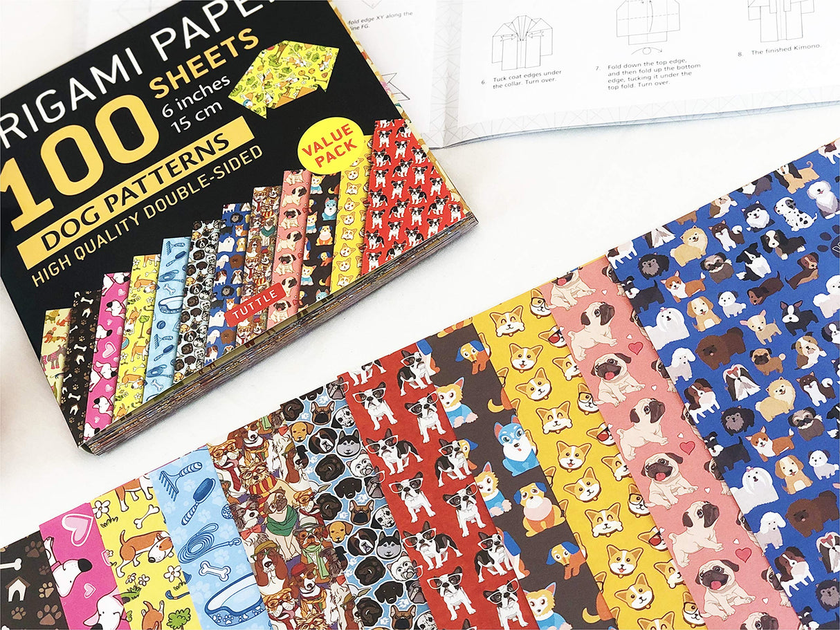 Origami Paper Dog Patterns pack with 100 colorful double-sided sheets featuring 12 unique dog designs and instructions.