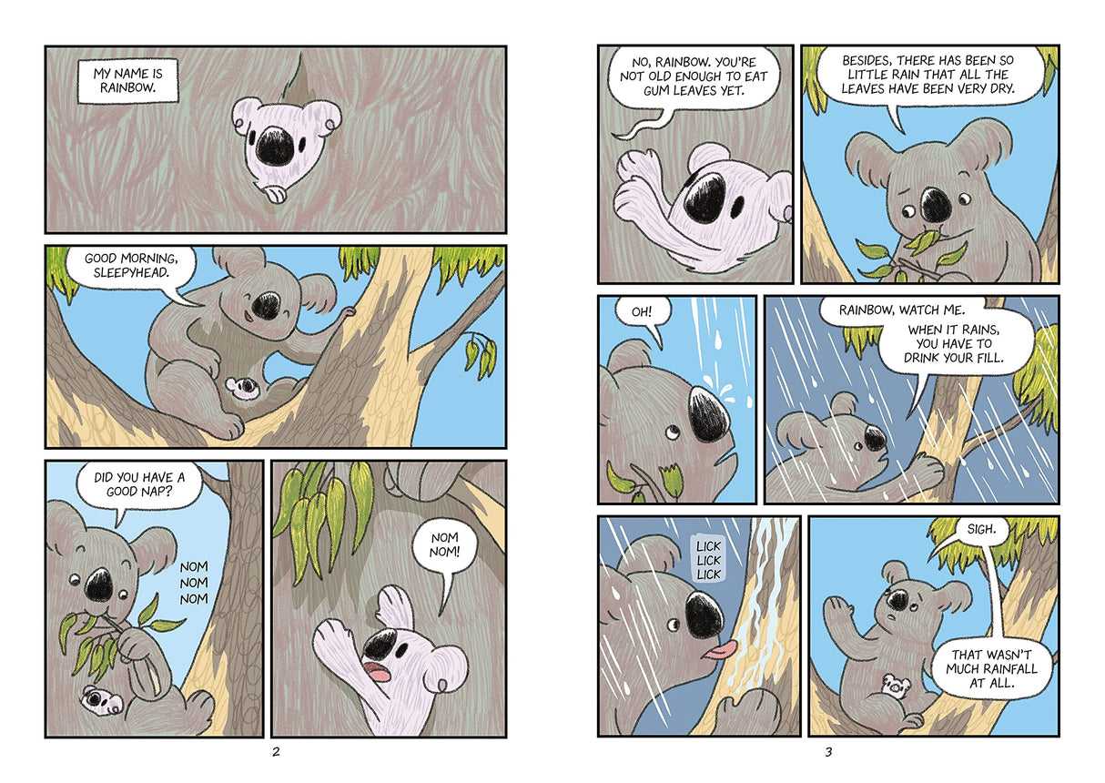 Surviving the Wild: Rainbow the Koala comic panels showing Rainbow learning to eat leaves and preparing for rain.