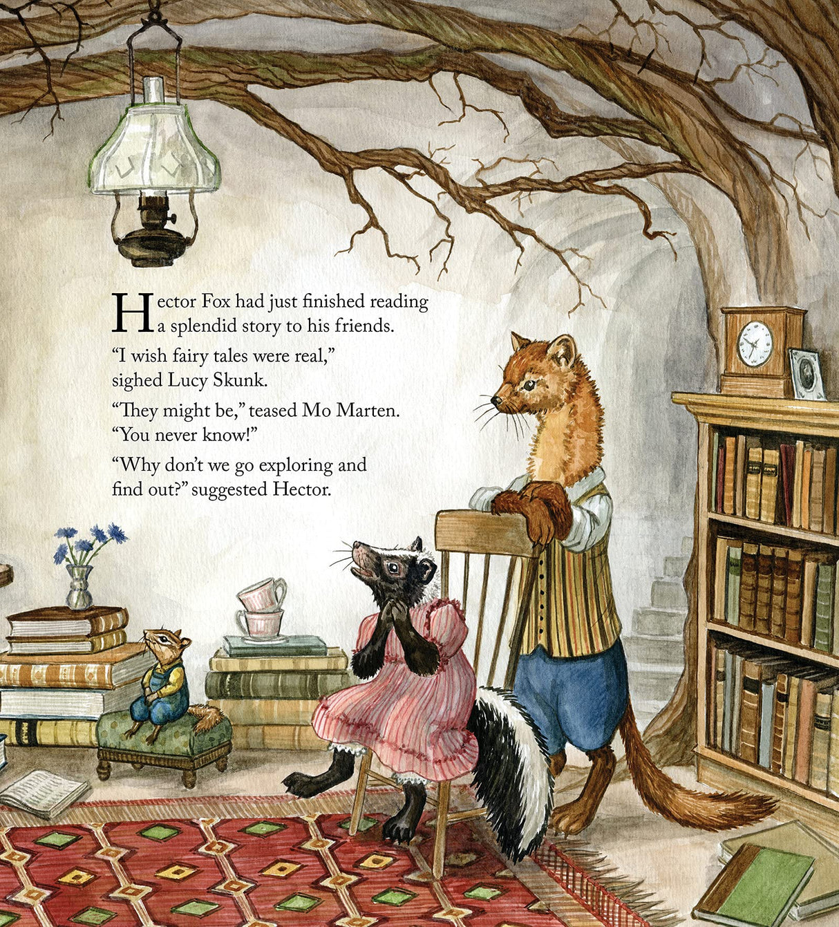 Illustration from Hector Fox and the Giant Quest showing woodland friends discussing fairy tales in a cozy room.