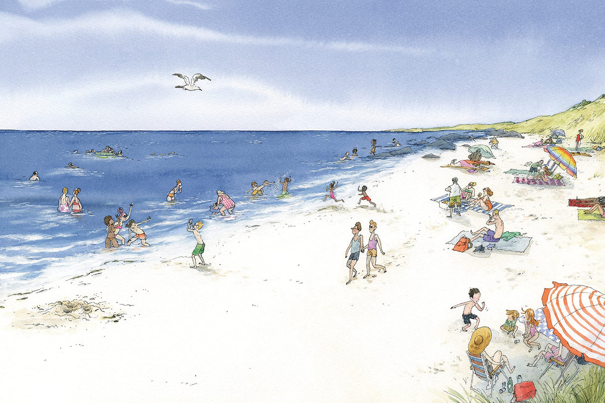 A Day for Sandcastles shows a lively beach scene with families playing, swimming, and enjoying a sunny day by the ocean.