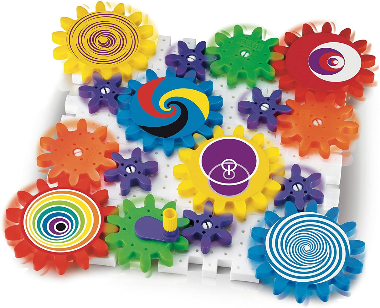 Kaleido Gears colorful interlocking gears with spiral stickers on a white base for creative building and spinning fun.