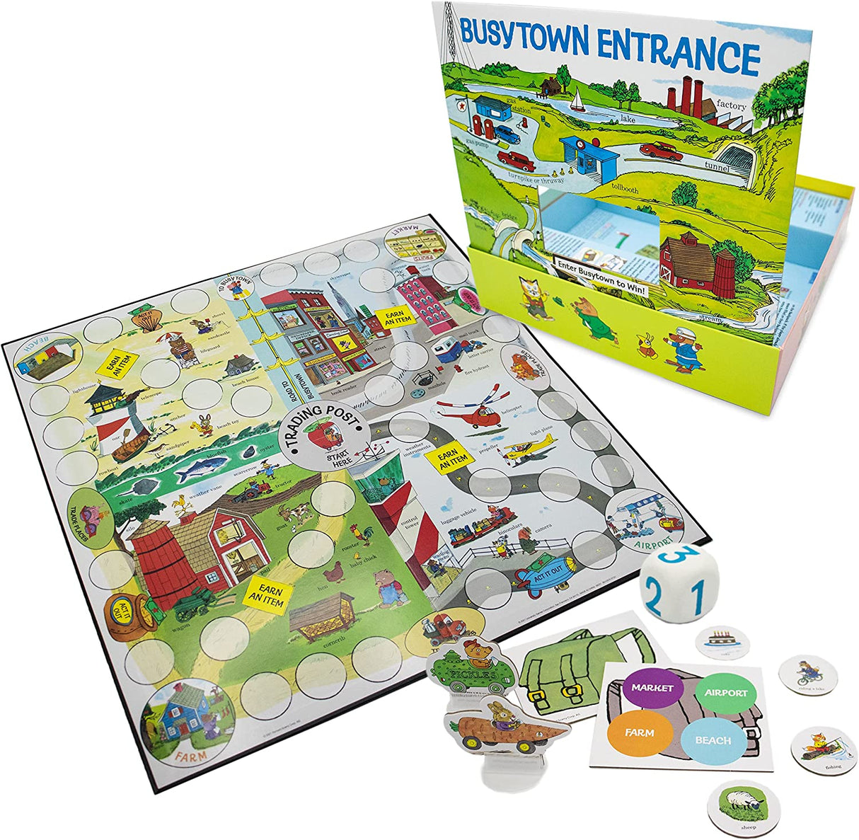 Richard Scarry's Busy Day Game with colorful board, foam die, vehicle pawns, cards, and pop-up Busytown entrance.