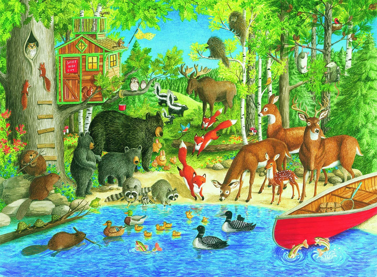 200pc Woodland Friends Puzzle showing colorful forest animals by a lake with trees and a red canoe.